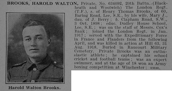 Brooks H W Pte 634092 20th London Regiment Obit De Ruvignys Roll Of Honour Vol 5