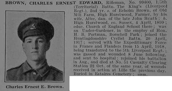 Brown C E E Rfn 99400 5th Kings Liverpool Regiment Obit De Ruvignys Roll Of Honour Vol 5