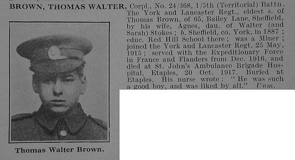 Brown T W Cpl 24/368 5th York & Lancaster Regiment Obit De Ruvignys Roll Of Honour Vol 5