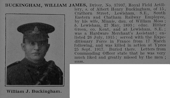 Buckingham W J Dvr 37997 Royal Field Artillery Obit De Ruvignys Roll Of Honour Vol 5