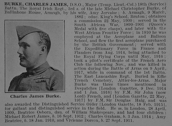 Burke C J Major DSO 18th Royal Irish Regiment Attd Royal Flying Corps Obit De Ruvignys Roll Of Honour Vol 5