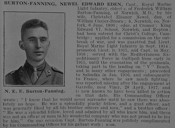 Burton-Fanning N E E Captain Royal Marine Light Infantry Obit De Ruvignys Roll Of Honour Vol 5