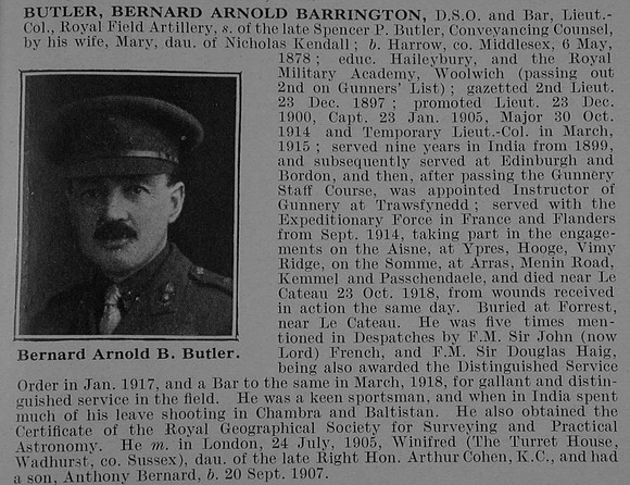 Butler B A B Lt Col DSO + Bar Royal Field Artillery Obit De Ruvignys Roll Of Honour Vol 5
