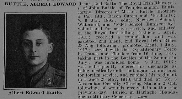 Buttle A E Lt 2nd Royal Irish Rifles Obit De Ruvignys Roll Of Honour Vol 5
