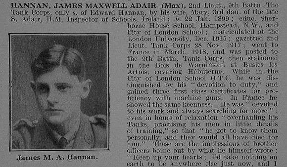 Hannan J M A 2nd Lt Tank Corps Obit Part 1 De Ruvignys Roll Of Honour Vol 5