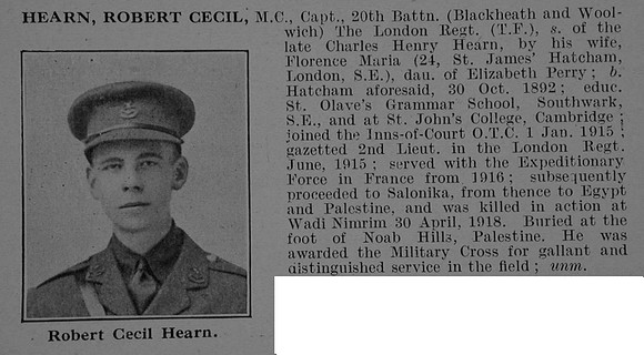Hearn R C Captain MC 20th London Regiment Obit De Ruvignys Roll Of Honour Vol 5