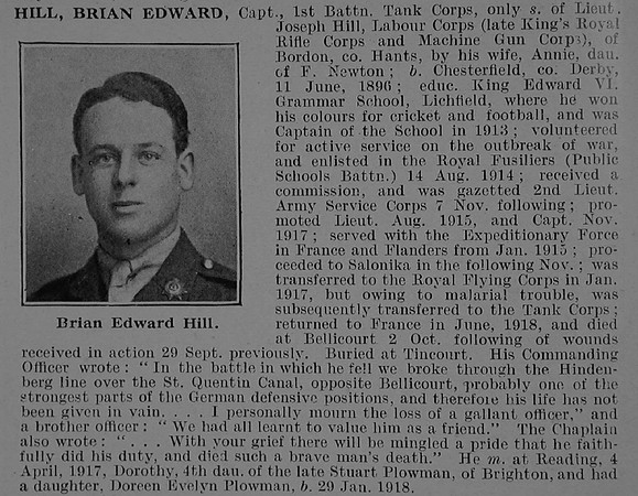 Hill B E Captain Tank Corps Obit De Ruvignys Roll Of Honour Vol 5