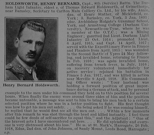 Holdsworth H B Captain 8th Durham Light Infantry Obit De Ruvignys Roll Of Honour Vol 5