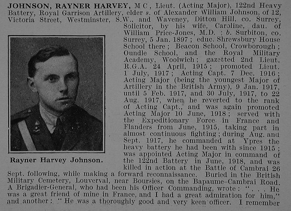Johnson R H Lt MC Royal Garrison Artillery Obit Part 1 De Ruvignys Roll Of Honour Vol 5