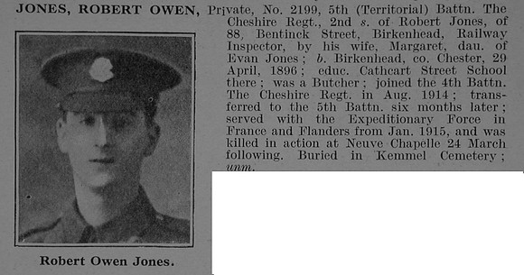 Jones R O Pte 2199 5th Cheshire Regiment Obit De Ruvignys Roll Of Honour Vol 5