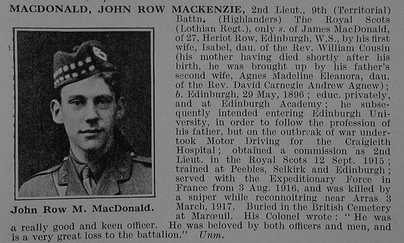 MacDonald J R M 2nd Lt 9th Royal Scots Obit De Ruvignys Roll Of Honour Vol 5