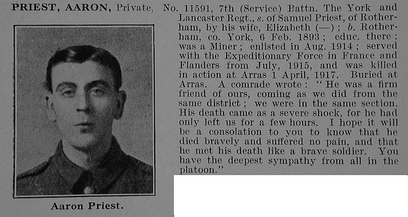 Priest A Pte 11591 7th York & Lancaster Regiment Obit De Ruvignys Roll Of Honour Vol 5