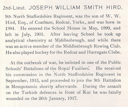Hird J W S 2nd Lt 7th North Staffordshire Regiment Obit The War Record Of Old Dunelmians 1914-1919