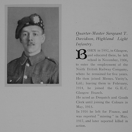 Davidson T Qtr Mst Sergt Highland Light Infantry Obit General Electrical Company Roll Of Honour