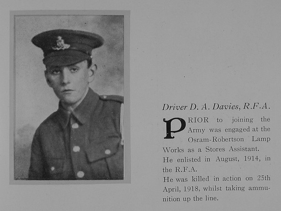 Davies D A Dvr 94158 Royal Field Artillery Obit General Electical Company Roll Of Honour