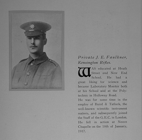 Faulkner J E Pte 2954 13th London Regiment Obit The General Electrical Company Roll Of Honour