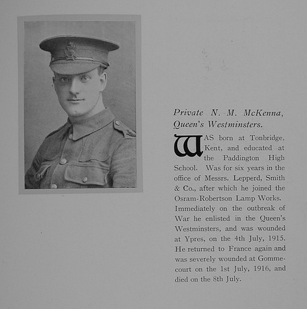 McKenna N M Pte 16th London Regiment Obit The General Electrical Co Roll Of Honour