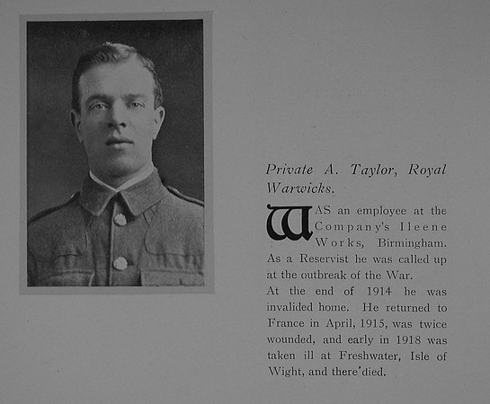 Taylor A Pte Royal Warwickshire Regt General Electric Company Roll Of Honour