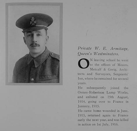 Armitage W E Pte 550498 16th London Regiment General Electrical Company Roll Of Honour