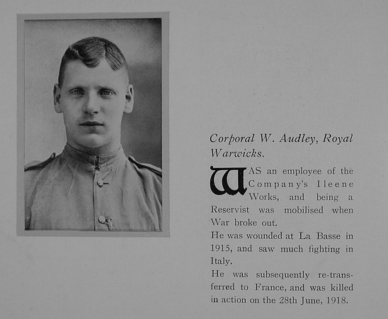 Audley W Cpl 7232 15th Royal Warwickshire Regiment  General Electric Company Roll Of Honour