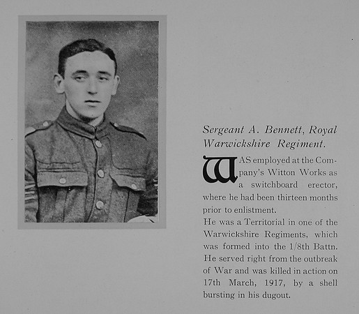Bennett A Sergt 305681 8th Royal Warwickshire Regiment Obit General Eectrical Company Roll Of Honour