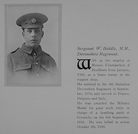 Biddle W Sergt MM 1257 9th Devonshire Regiment Obit General Electrical Company Roll Of Honour