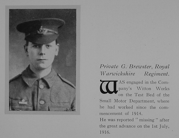 Brewster G Pte 305207 8th Royal Warwickshire Regiment Obit General Electrical Company Roll Of Honour