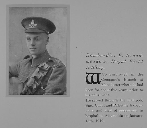 Broadmeadow S E Bmdr 715844 Obit Royal Field Artillery Obit General Electrical Company Roll Of Honour