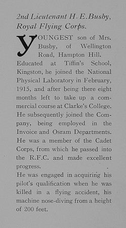 Busby H E 2nd Lt Royal Flying Corps Obit General Electrical Company Roll Of Honour