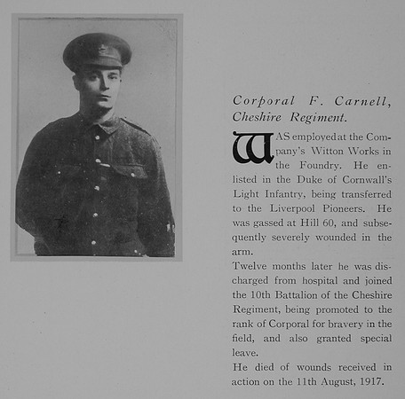 Carnell F Cpl 10th Cheshire Regiment Obit General Electrical Company Roll Of Honour