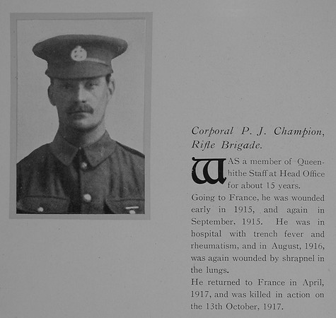 Champion P J Cpl 8585 1st Rifle Brigade Obit General Electrical Company Roll Of Honour