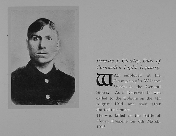 Clewley J Pte 6948 1st Duke Of Cornwall's Light Infantry Obit General Electrical Company Roll Of Honour