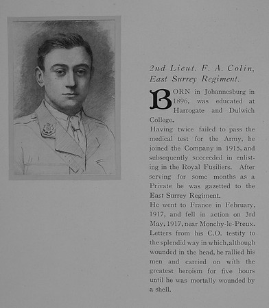 Colin F A 2nd Lt 1st Attd 7th ast Surrey Regiment Obit General Electrical Company Roll Of Honour