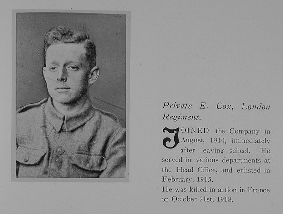 Cox E Pte 470952 12th London Regiment Obit General Electrical Company Roll Of Honour