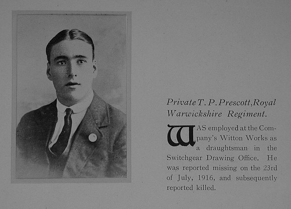 Prescott T P Pte 119 14th Royal Warwickshire Regiment General Electrical Company Roll Of Honour