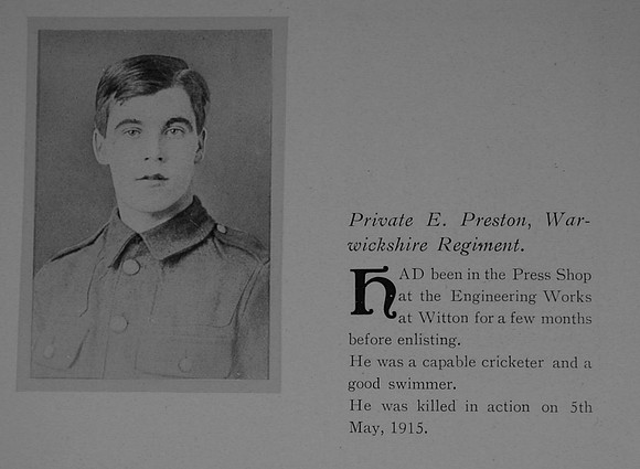 Preston E Pte 1885 8th Royal Warwickshire Regiment General Electrical Company Roll Of Honour