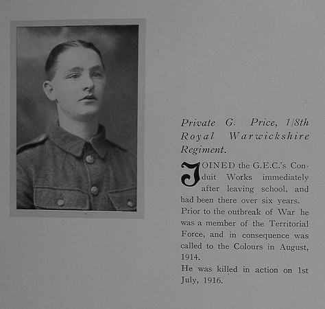 Price G Pte 1582 8th Royal Warwickshire Regiment General Electrical Company Roll Of Honour