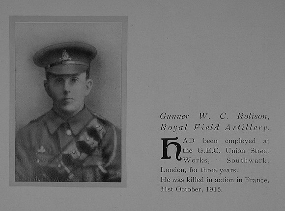 Rolison W C Gnr 1594 Royal Field Artillery General Electric Company Roll Of Honour