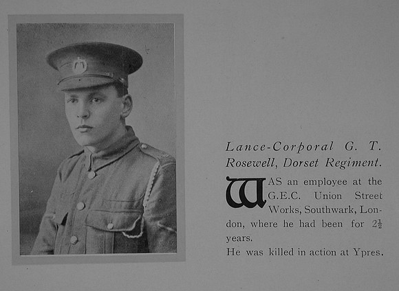 Rosewell G T LCpl 11194 6th Dorset Regiment General Electric Company Roll Of Honour