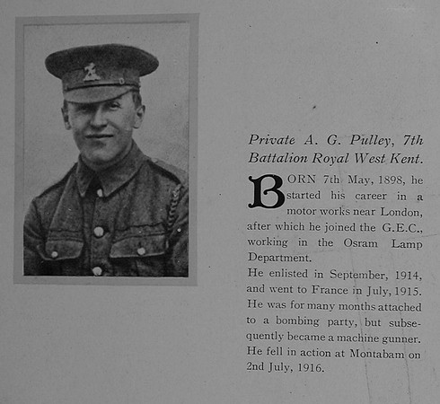Pulley A G Pte G-1307 7th West Kent Regiment General Electrical Roll Of Honour