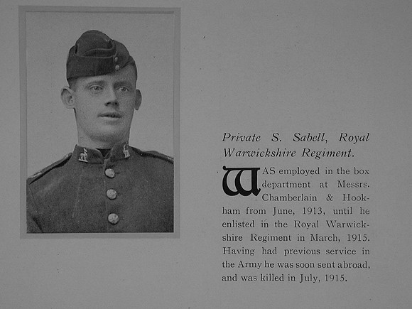 Sabell S Pte 11295 1st Royal Warwickshire Regiment The General Electric Company Roll Of Honour