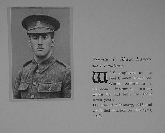 Shaw T Pte 16773 20th Lancashire Fusiliers General Electric Company Roll Of Honour