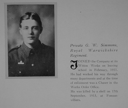 Simmons G W Pte 2076 8th Royal Warwickshire Regiment General Electric Company Roll Of Honour