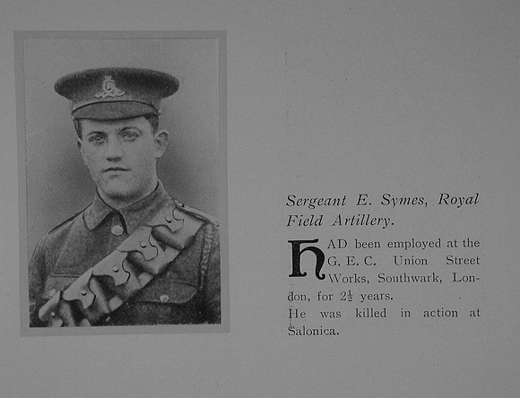 Symes E Sergt Royal Field Artillery General Electric Company Roll Of Honour