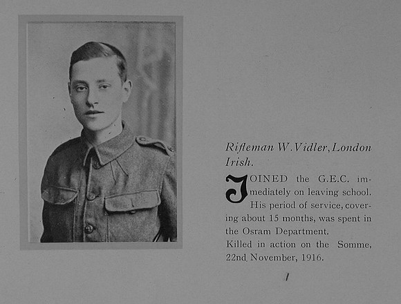 Vidler W Rfn 3347 18th London Regiment The General Electric Company Roll Of Honour