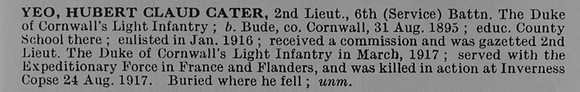 Yeo H C C 2nd Lt 6th Duke Of Cornwalls Light Infantry Obit