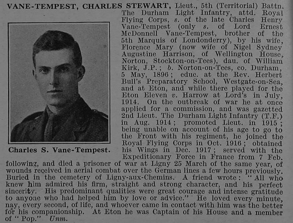 Vane-Tempest C S Lt 5th Durham Light Infantry Attd Royal Flying Corps Obit De Ruvignys Roll Of Honour Vol 4