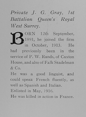 Gray J G Pte 1st Queen's Royal West Surrey Regiment