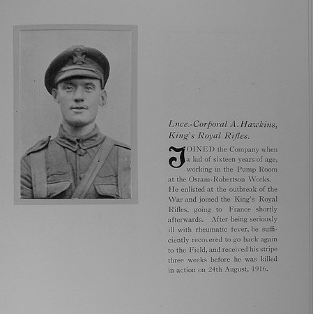 Hawkins A L/Cpl A/3183 Kings Royal Rifle Corps