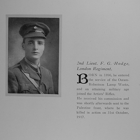 Hodge F G 2nd Lt 21st London Regiment